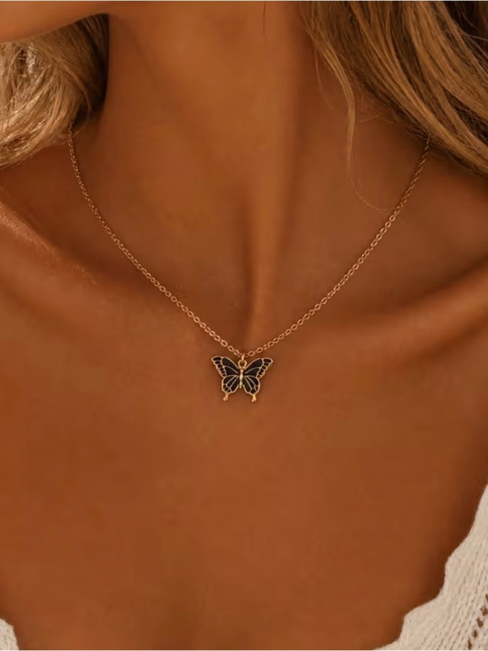 Gold Butterfly Necklace with Black Enamel Charm